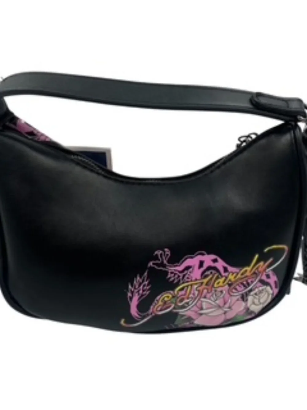 NEW Ed Hardy Crescent Hobo Bag Skull Rose Pink and Black tattoo Print Y2K Purse